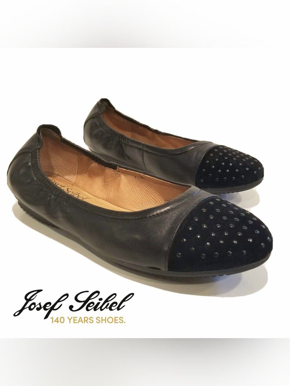 🖤Josef Seibel black leather studded cap round toe Pippa flats ladies 9 EU 40